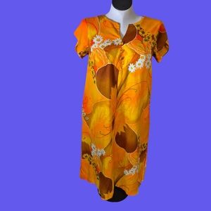 Vintage 60s Paradise Hawaii Orange Floral Shift Dress 12